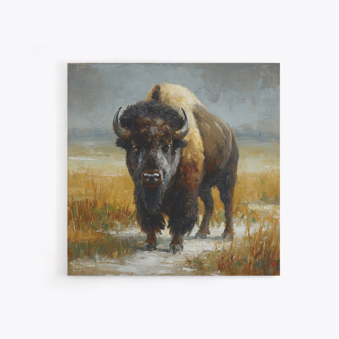 Bison on Wide Western Prairie Framed Canvas Print, Wildlife Art, Original Artwork, Living Room Decor, Oil Painting, Wild, WIL-1x1-37