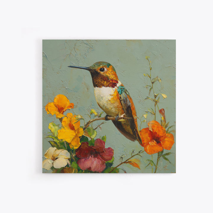 Hummingbird Beside Bright Flowers Framed Canvas Print, Wildlife Art, Art Print, Living Room Decor, Watercolor Art, Wild, WIL-1x1-40