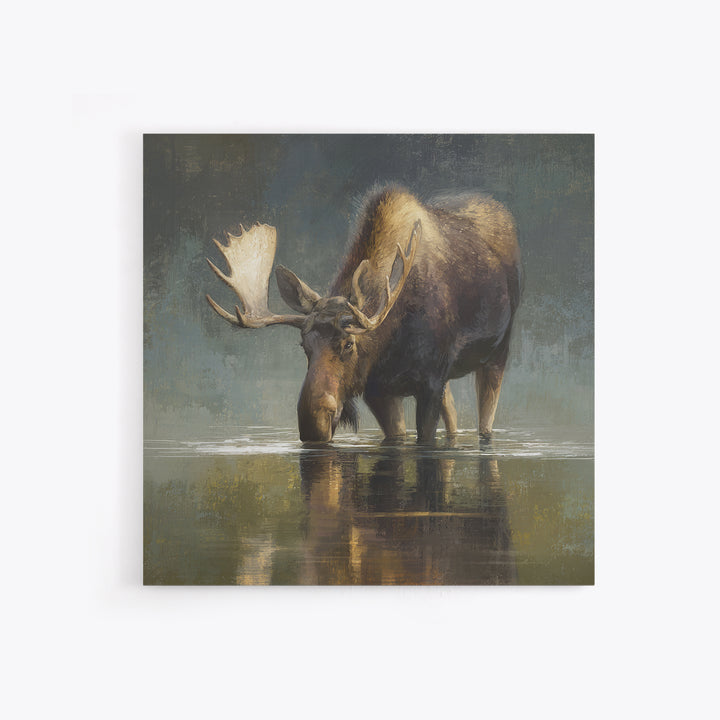 Moose Standing in Reflective Lake Framed Canvas Print, Wildlife Art, Modern Art, Living Room Decor, Wild, Neutral Decor, WIL-1x1-43
