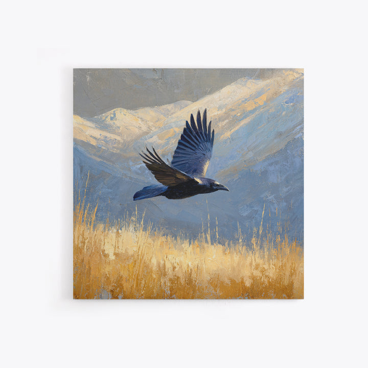 Raven Flying Through Snowy Mountains Framed Canvas Print, Wildlife Art, Art, Living Room Decor, Oil Painting, Wild, WIL-1x1-48