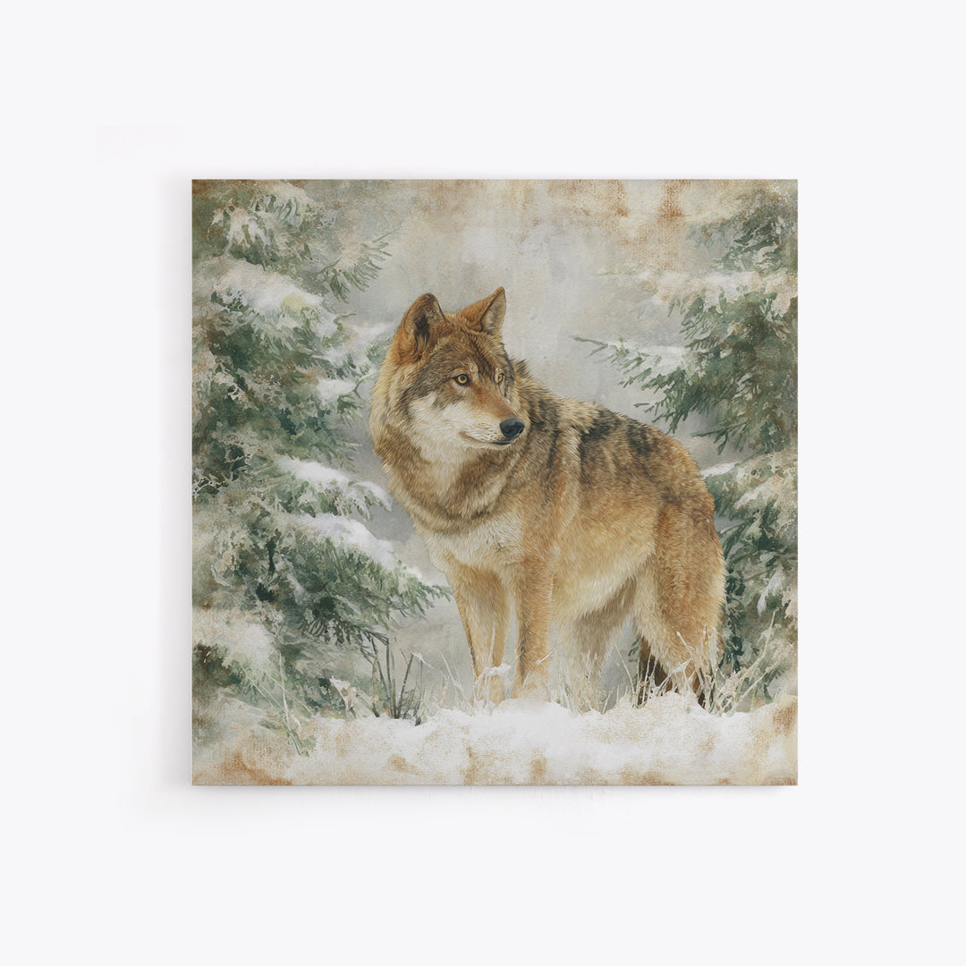 Wolf Standing Beneath Snowy Pine Trees Framed Canvas Print, Wildlife Art, Rustic Home Decor, Living Room Decor, Oil Painting, WIL-1x1-51