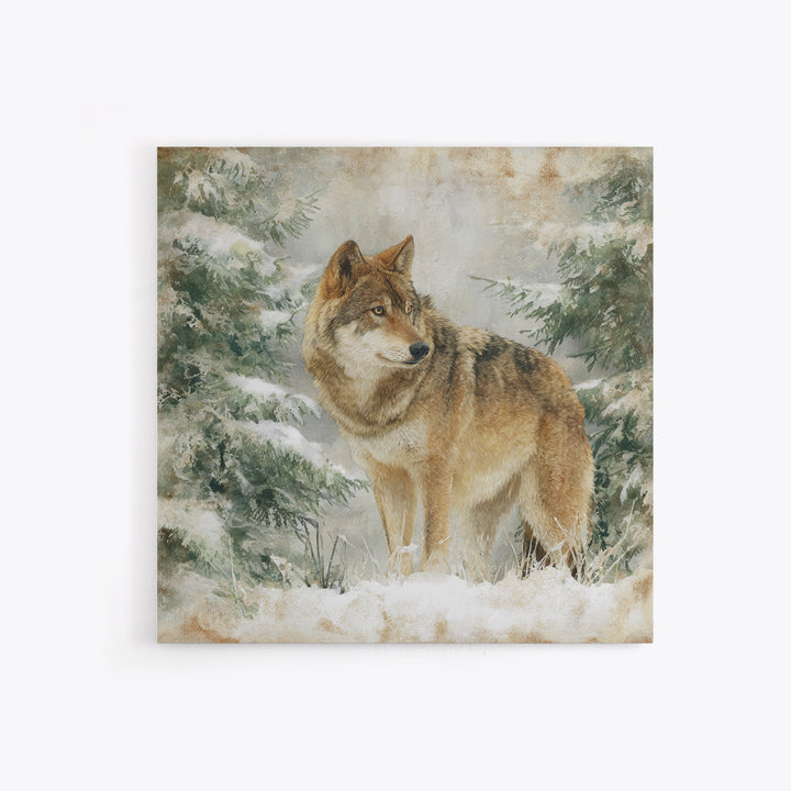 Wolf Standing Beneath Snowy Pine Trees Framed Canvas Print, Wildlife Art, Rustic Home Decor, Living Room Decor, Oil Painting, WIL-1x1-51