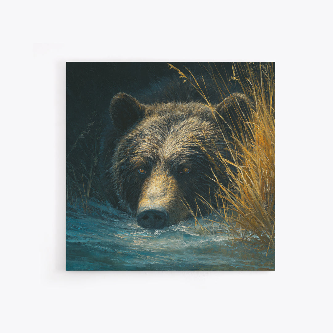 Bear Fishing in Rushing Mountain River Framed Canvas Print, Wildlife Art, Bedroom Wall Art, Living Room Decor, Fine Art, Wild, WIL-1x1-52