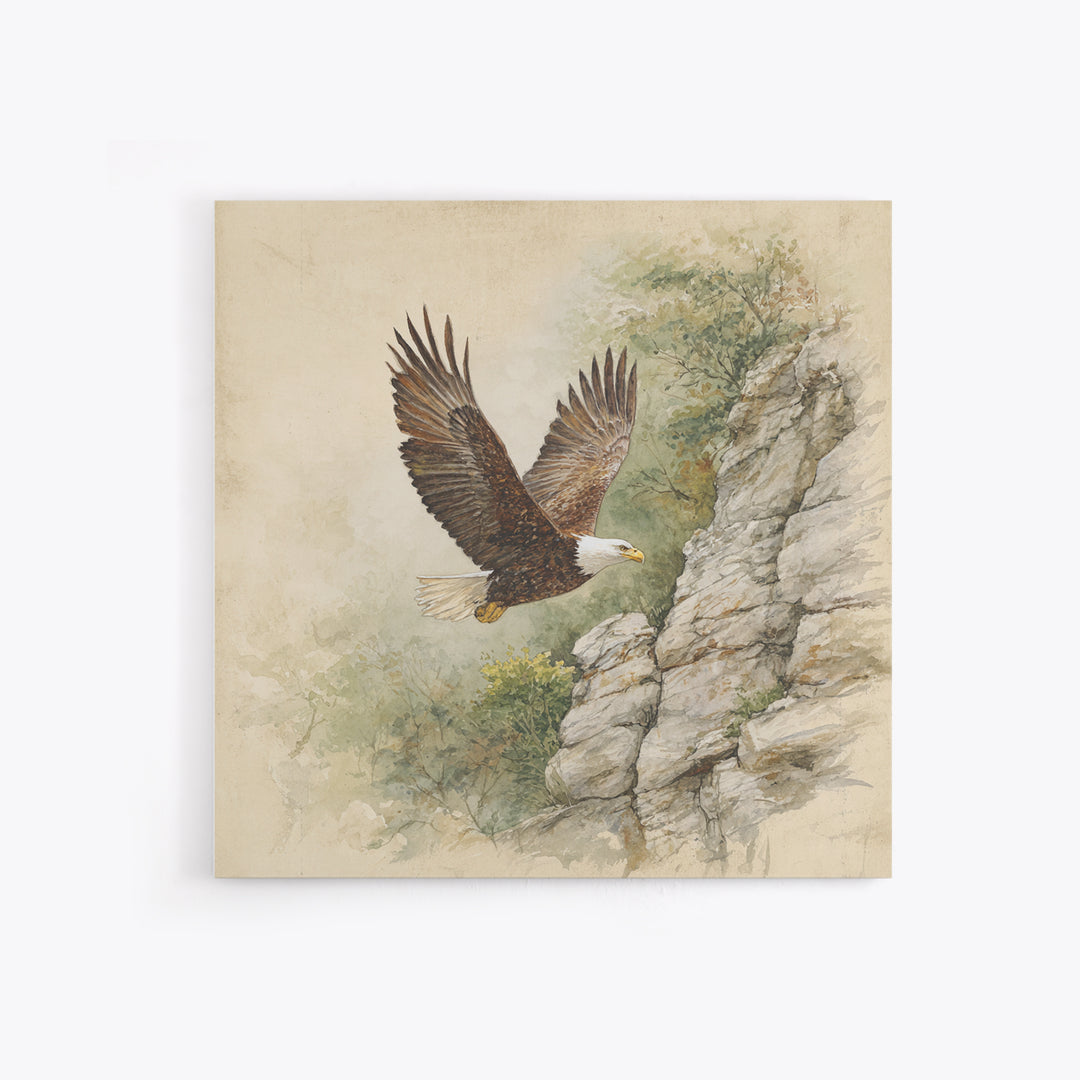 Eagle Soaring Above Rocky Cliffs Canvas Print, Wildlife Art, Bird Wall Art, Living Room Decor, Oil Painting, Wild, Luxury Decor, WIL-1x1-54