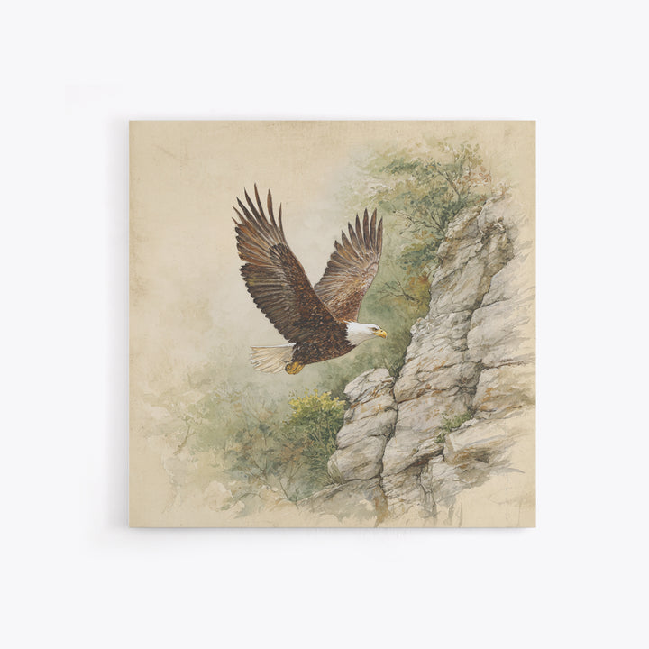 Eagle Soaring Above Rocky Cliffs Canvas Print, Wildlife Art, Bird Wall Art, Living Room Decor, Oil Painting, Wild, Luxury Decor, WIL-1x1-54