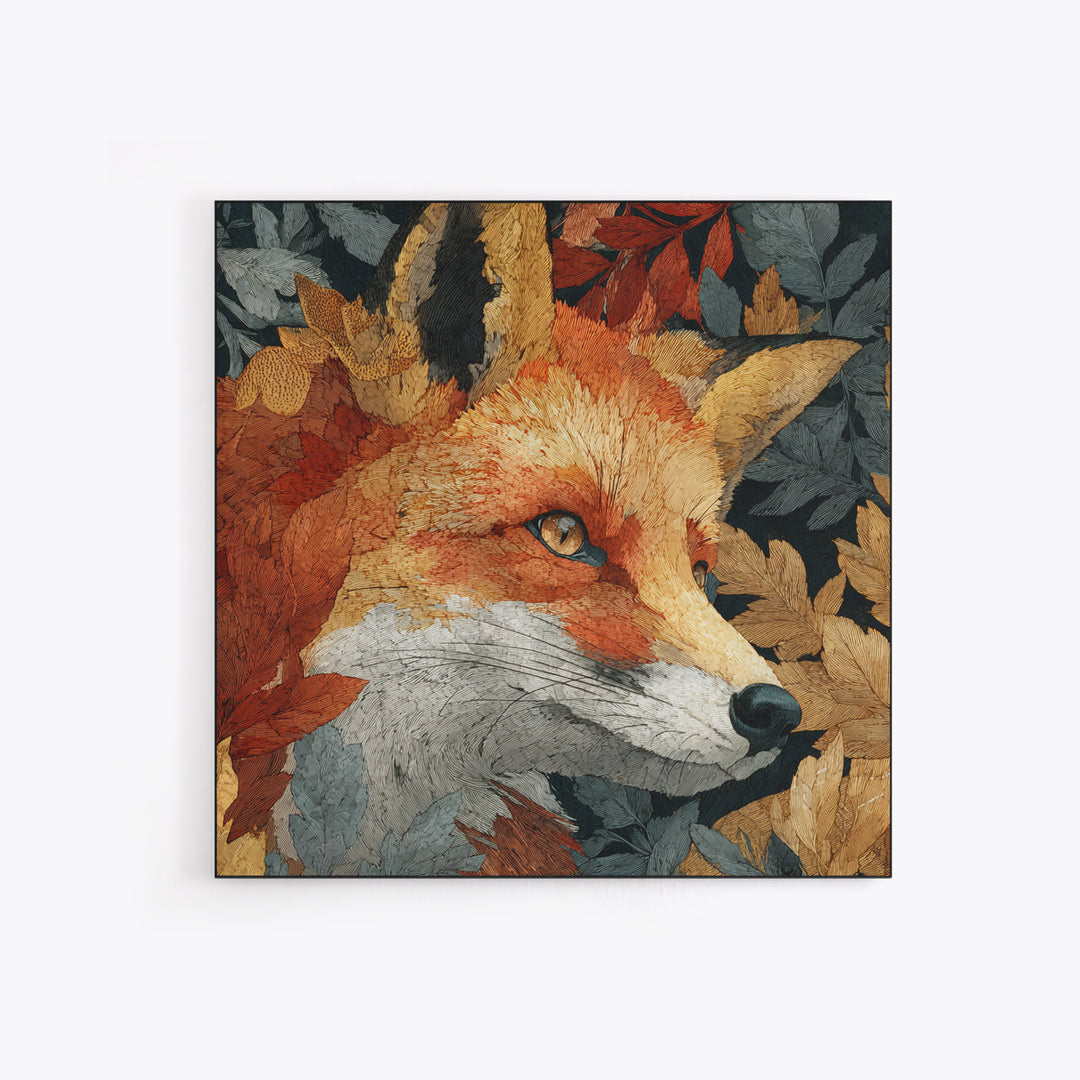 Fox in Autumn Forest Leaves Framed Canvas Print, Wildlife Art, Statement Artwork, Living Room Decor, Fine Art, Wild, Wall Decor, WIL-1x1-57