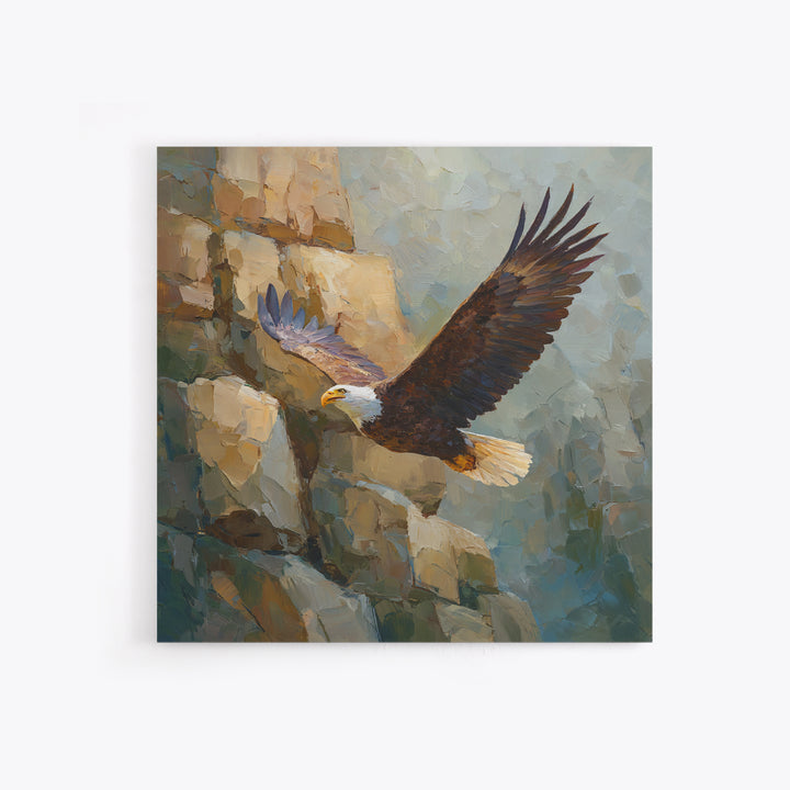 Eagle Soaring Above Rocky Cliffs Framed Canvas Print, Wildlife Art, Modern Art, Living Room Decor, Watercolor Art, Wild, WIL-1x1-6
