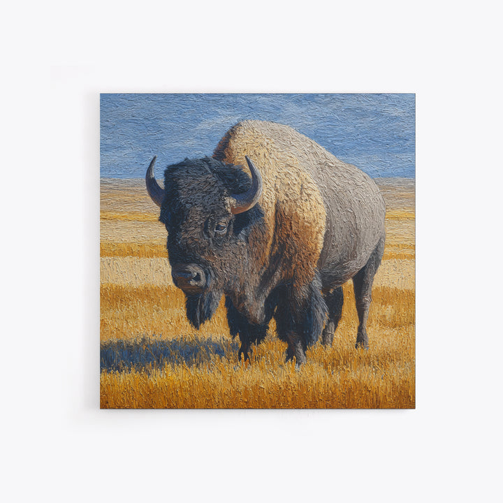 Bison on Wide Western Prairie Framed Canvas Print, Wildlife Art, Original Artwork, Living Room Decor, Oil Painting, Wild, WIL-1x1-61
