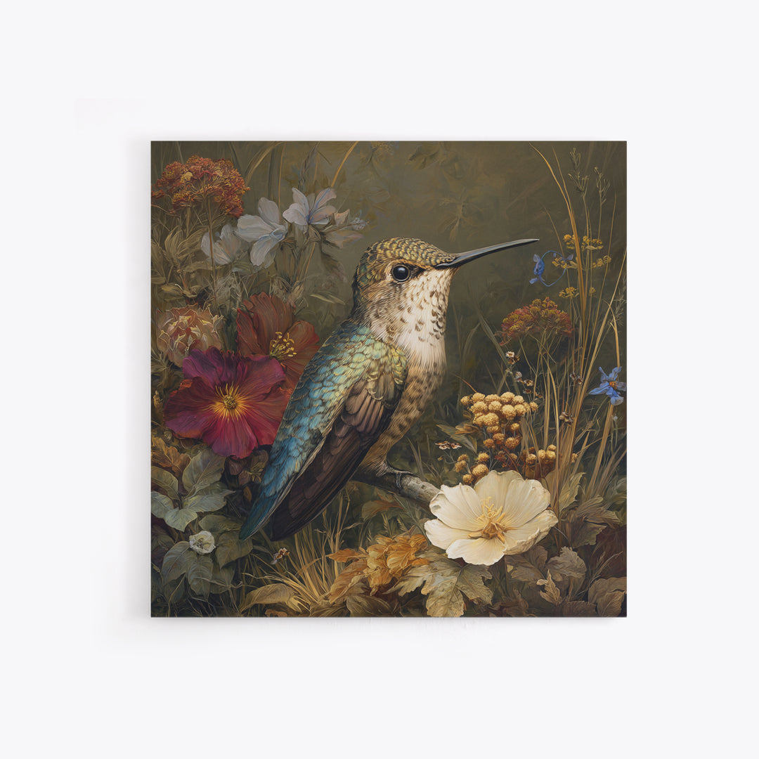 Hummingbird Beside Bright Flowers Framed Canvas Print, Wildlife Art, Bird Art, Living Room Decor, Watercolor Art, Wild, WIL-1x1-64