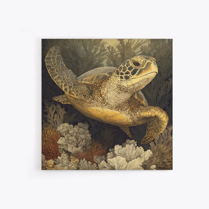 Sea Turtle over Coral Reef Framed Canvas Print, Wildlife Art, Digital Download Art, Living Room Decor, Abstract Art, Wild, WIL-1x1-66
