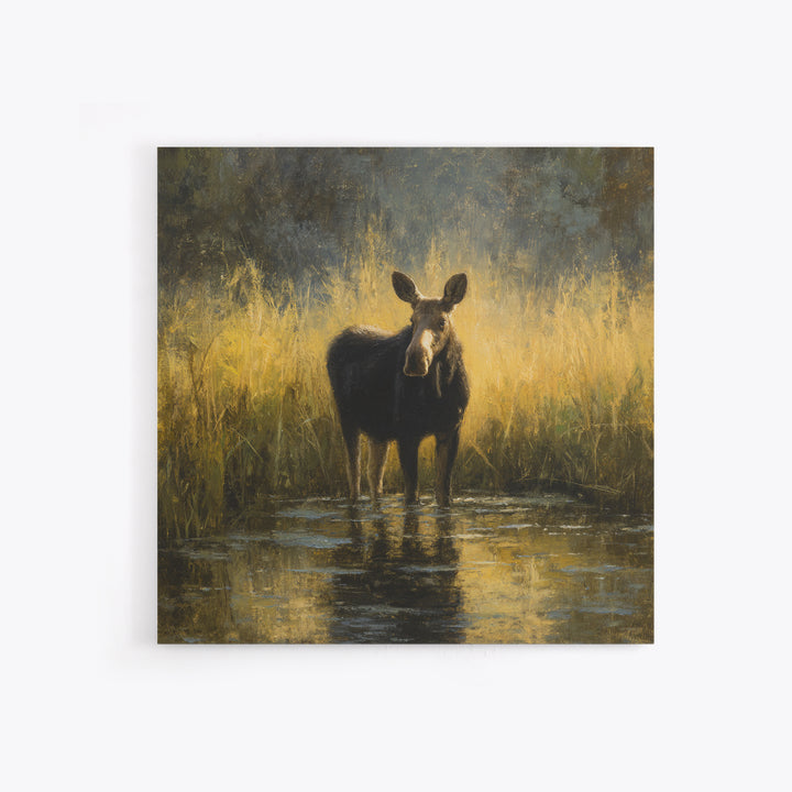 Moose Standing in Reflective Lake Framed Canvas Print, Wildlife Art, Gallery Decor, Living Room Decor, Fine Art, Wild, WIL-1x1-67
