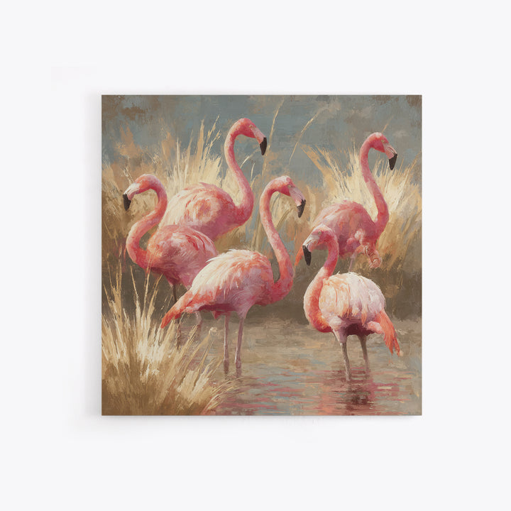 Flamingos in Pink Shallow Water Framed Canvas Print, Wildlife Art, Living Room Art, Living Room Decor, Fine Art, Wild, WIL-1x1-70