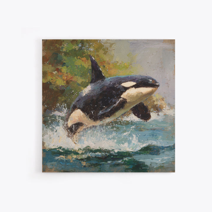 Orca Breaching in Cold Ocean Framed Canvas Print, Wildlife Art, Nature Wall Art, Living Room Decor, Fine Art, Wild, Art Print, WIL-1x1-71