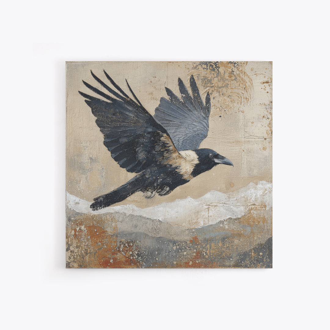 Raven Flying Through Snowy Mountains Framed Canvas Print, Wildlife Art, Bird Wall Art, Living Room Decor, Fine Art, Wild, WIL-1x1-72