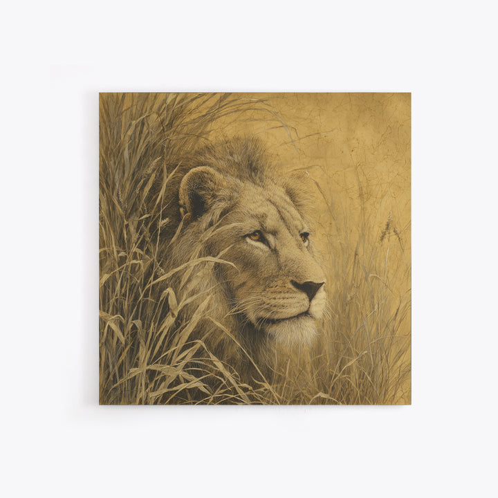 Lion Emerging from Golden Savanna Grass Framed Canvas Print, Wildlife Art, Art Print, Living Room Decor, Watercolor Art, Wild, WIL-1x1-73