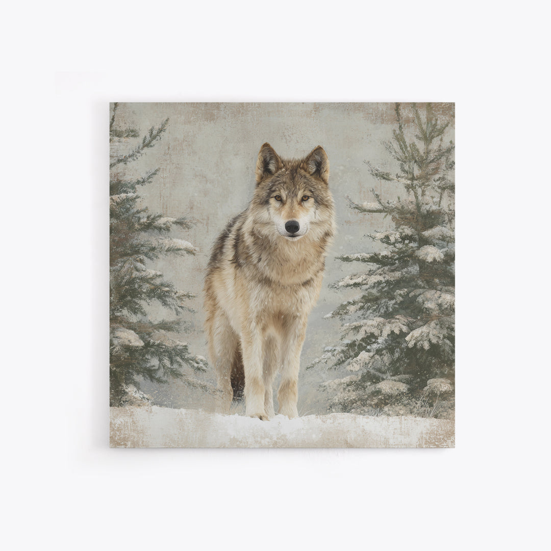 Wolf Standing Beneath Snowy Pine Trees Canvas Print, Wildlife Art, Modern Decor, Living Room Decor, Fine Art, Wild, Home Decor, WIL-1x1-75
