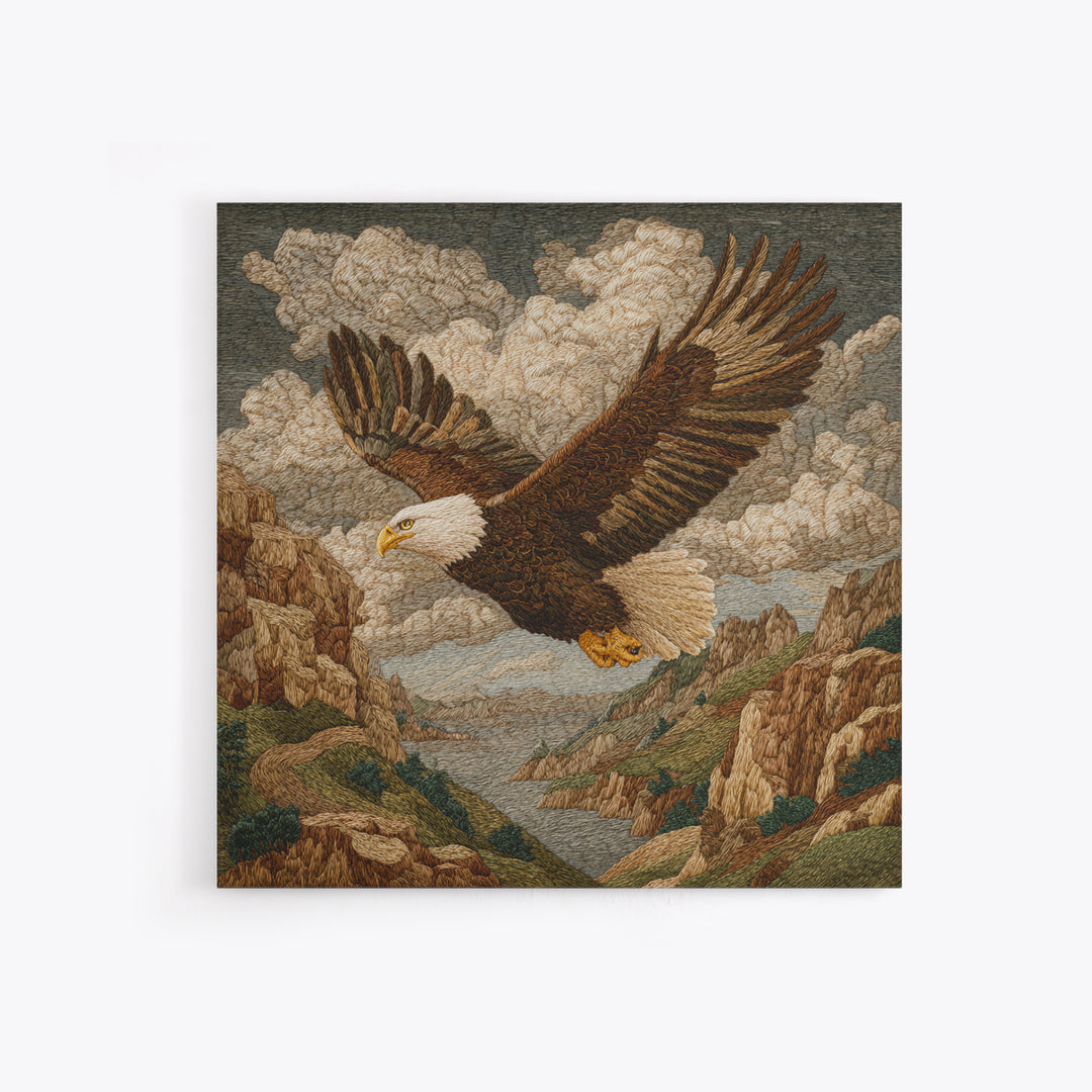 Eagle Soaring Above Rocky Cliffs Framed Canvas Print, Wildlife Art, Gallery Decor, Living Room Decor, Fine Art, Wild, WIL-1x1-78