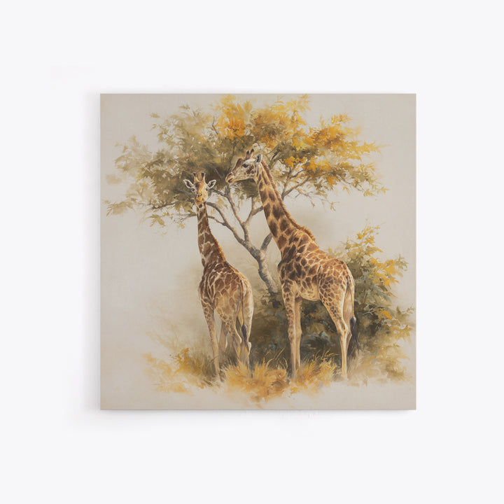 Giraffe Pair under Acacia Tree Framed Canvas Print, Wildlife Art, Fine Art Print, Living Room Decor, Oil Painting, Wild, WIL-1x1-79