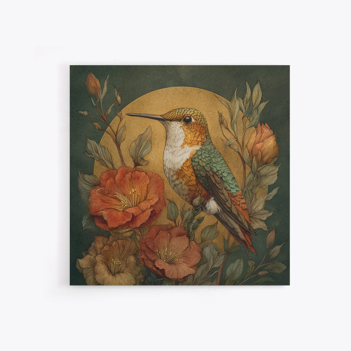 Hummingbird Beside Bright Flowers Framed Canvas Print, Wildlife Art, Textured Painting, Living Room Decor, Oil Painting, Wild, WIL-1x1-88