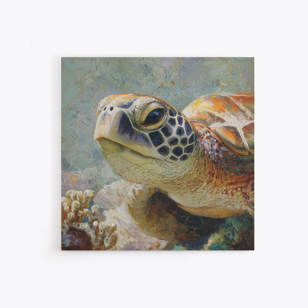 Sea Turtle over Coral Reef Canvas Print, Wildlife Art, Forest Wall Art, Living Room Decor, Fine Art, Wild, Textured Painting, WIL-1x1-90