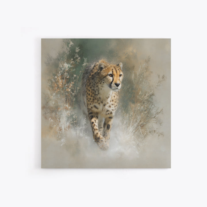 Cheetah Running Through Warm Dust Framed Canvas Print, Wildlife Art, Luxury Decor, Living Room Decor, Oil Painting, Wild, WIL-1x1-93