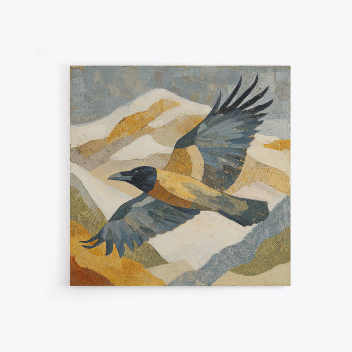Raven Flying Through Snowy Mountains Framed Canvas Print, Wildlife Art, Painting, Living Room Decor, Watercolor Art, Wild, WIL-1x1-96