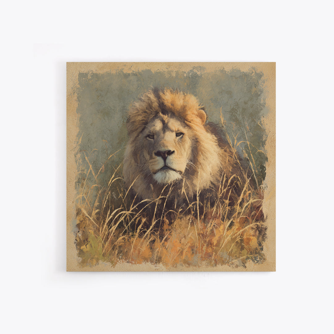 Lion Emerging from Golden Savanna Grass Canvas Print, Wildlife Art, Wall Art, Living Room Decor, Oil Painting, Wild, WIL-1x1-97