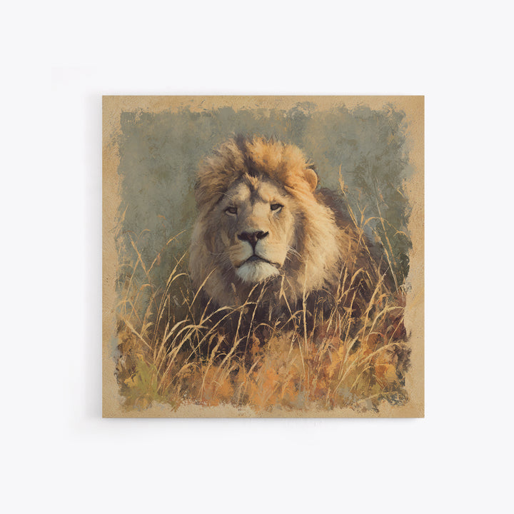 Lion Emerging from Golden Savanna Grass Canvas Print, Wildlife Art, Wall Art, Living Room Decor, Oil Painting, Wild, WIL-1x1-97