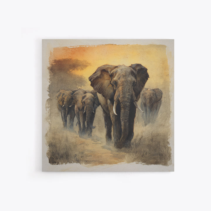 Elephant Herd Walking Through Dusty Sunset Canvas Print, Wildlife Art, Boho Decor, Living Room Decor, Fine Art, Wild, WIL-1x1-98