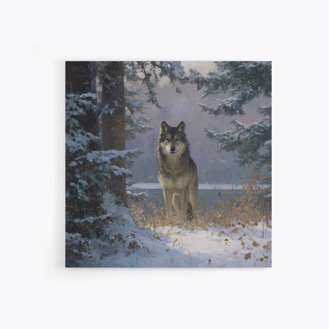Wolf Standing Beneath Snowy Pine Trees Canvas Print, Wildlife Art, Wall Art, Living Room Decor, Fine Art, Wild, Modern Wall Art, WIL-1x1-99