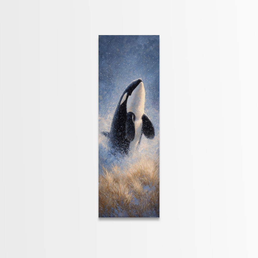 Orca Breaching in Cold Ocean Canvas Print, Wildlife Art, Modern Wall Art, Living Room Decor, Fine Art, Wild, Bird Wall Art, WIL-1x3-11
