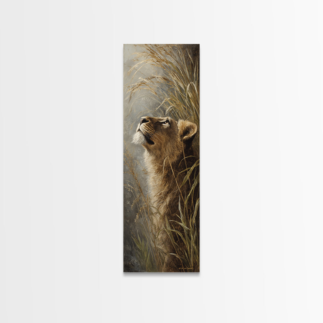 Lion Emerging from Golden Savanna Grass Canvas Print, Wildlife Art, Statement Artwork, Living Room Decor, Fine Art, Wild, WIL-1x3-13