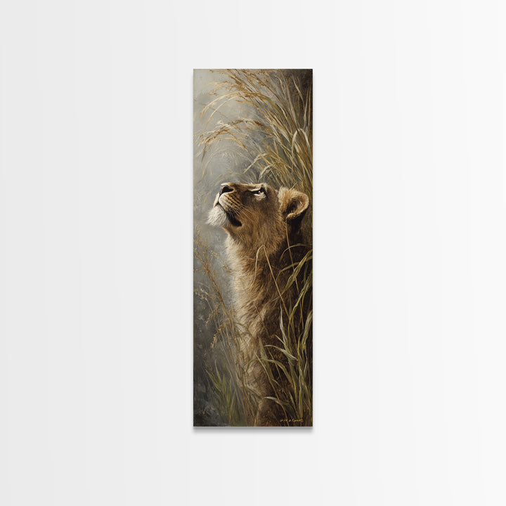 Lion Emerging from Golden Savanna Grass Canvas Print, Wildlife Art, Statement Artwork, Living Room Decor, Fine Art, Wild, WIL-1x3-13