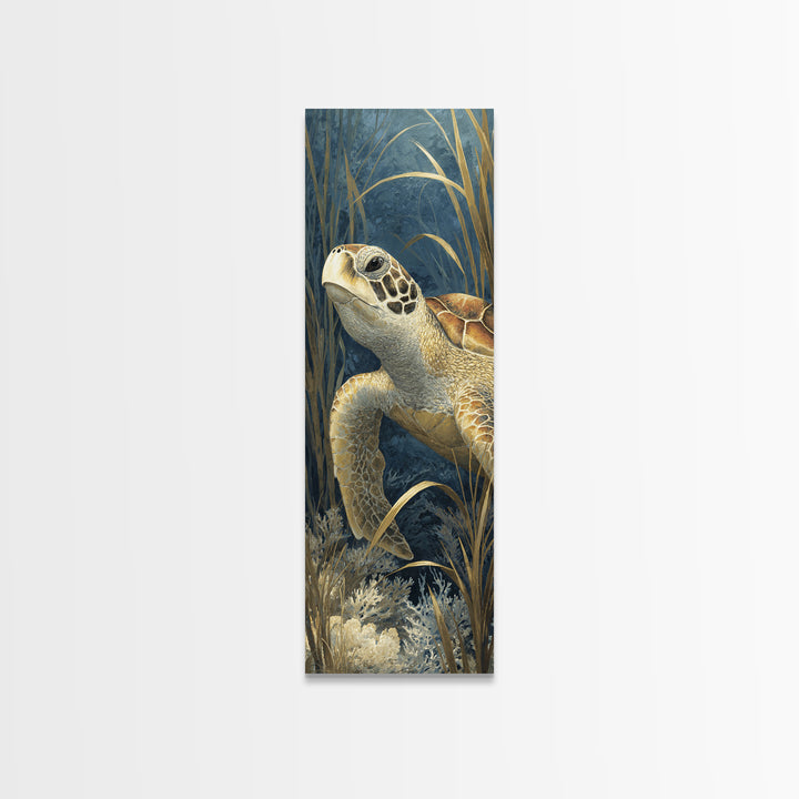 Sea Turtle over Coral Reef Framed Canvas Print, Wildlife Art, Canvas Painting, Living Room Decor, Oil Painting, Wild, WIL-1x3-30