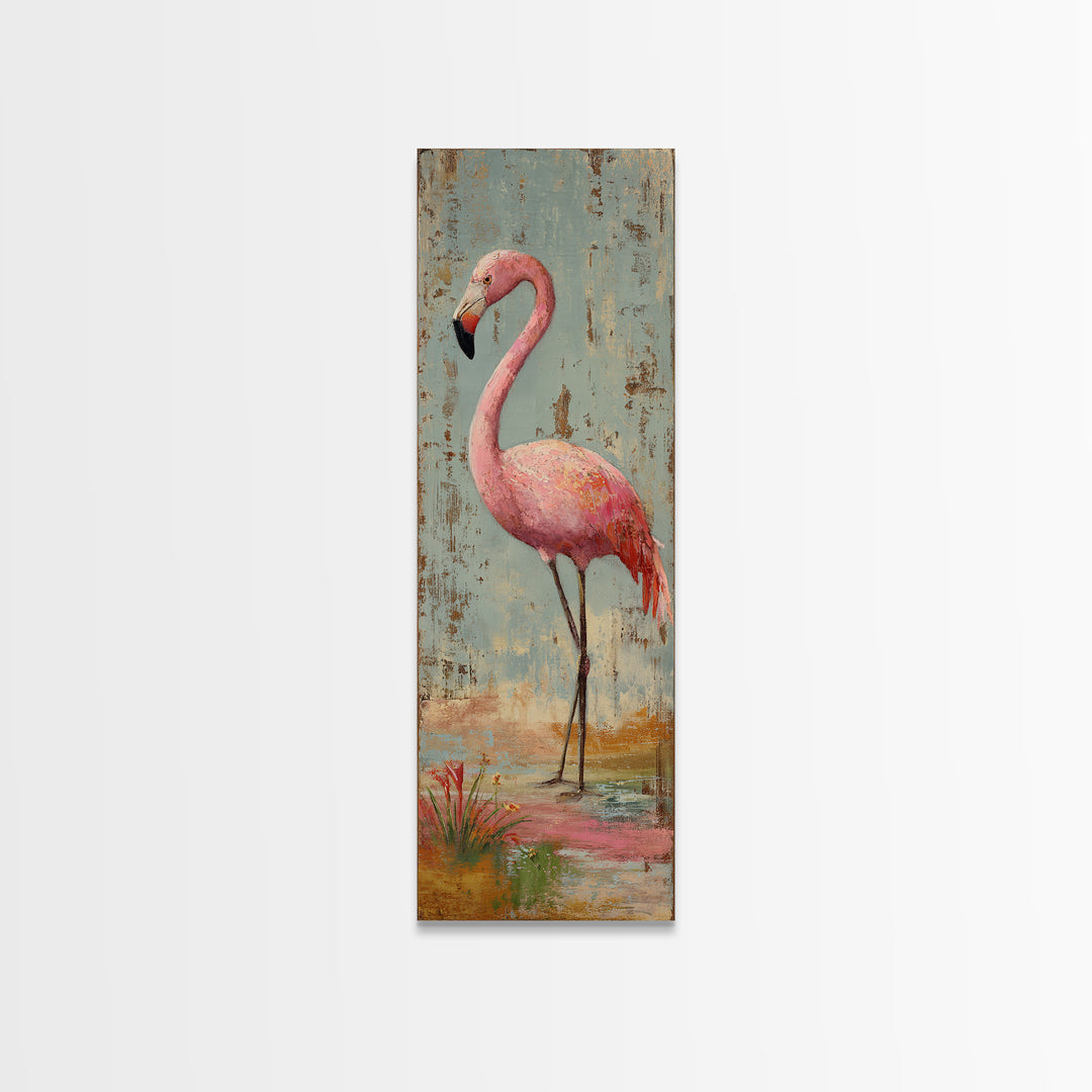 Flamingos in Pink Shallow Water Framed Canvas Print, Wildlife Art, Bird Wall Art, Living Room Decor, Watercolor Art, Wild, WIL-1x3-34