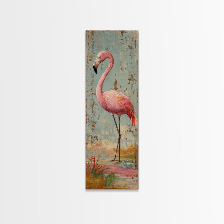 Flamingos in Pink Shallow Water Framed Canvas Print, Wildlife Art, Bird Wall Art, Living Room Decor, Watercolor Art, Wild, WIL-1x3-34