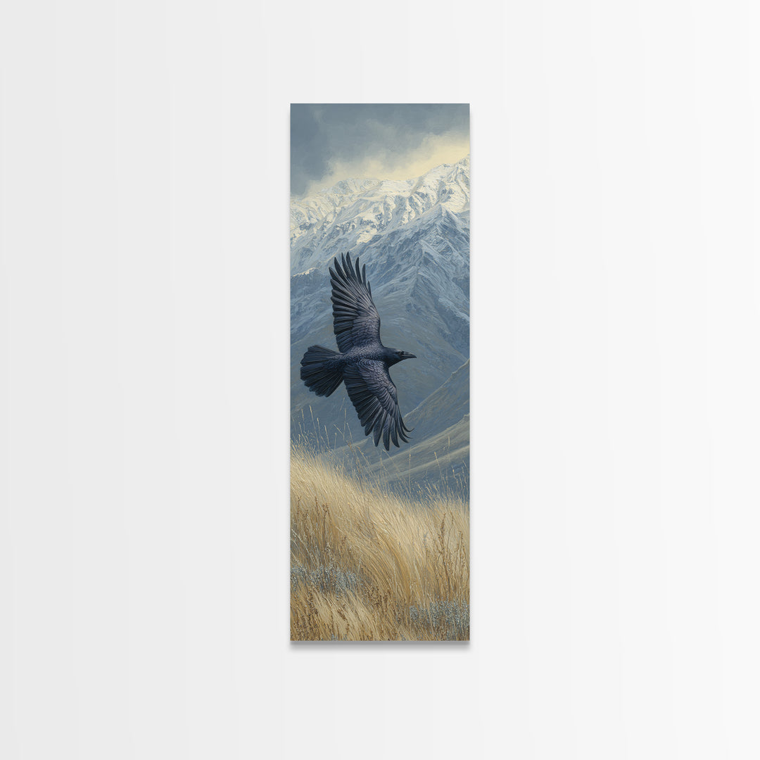 Raven Flying Through Snowy Mountains Framed Canvas Print, Wildlife Art, Living Room Decor, Watercolor Art, Wild, WIL-1x3-36