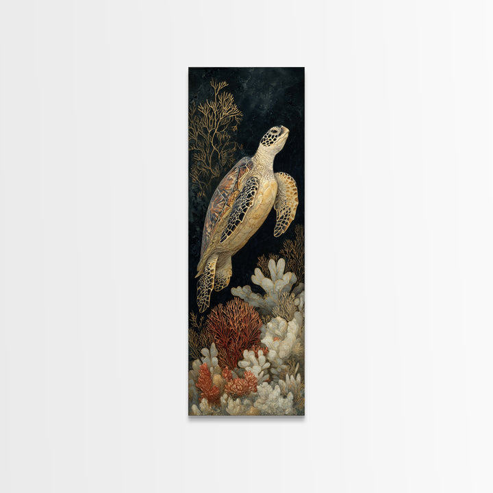 Sea Turtle over Coral Reef Framed Canvas Print, Wildlife Art, Canvas Painting, Living Room Decor, Oil Painting, Wild, WIL-1x3-54