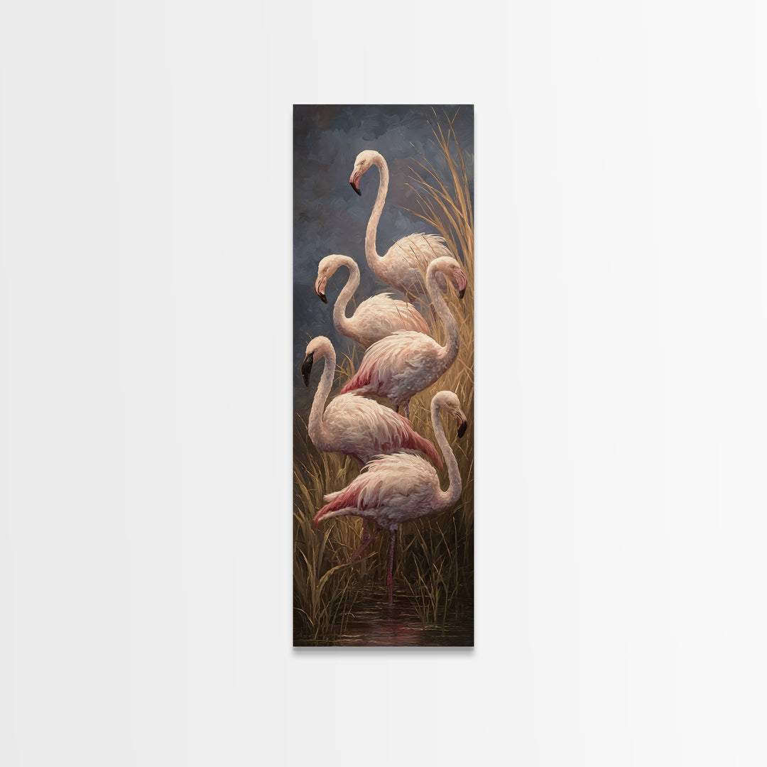 Flamingos in Pink Shallow Water Framed Canvas Print, Wildlife Art, Bird Wall Art, Living Room Decor, Watercolor Art, Wild, WIL-1x3-58