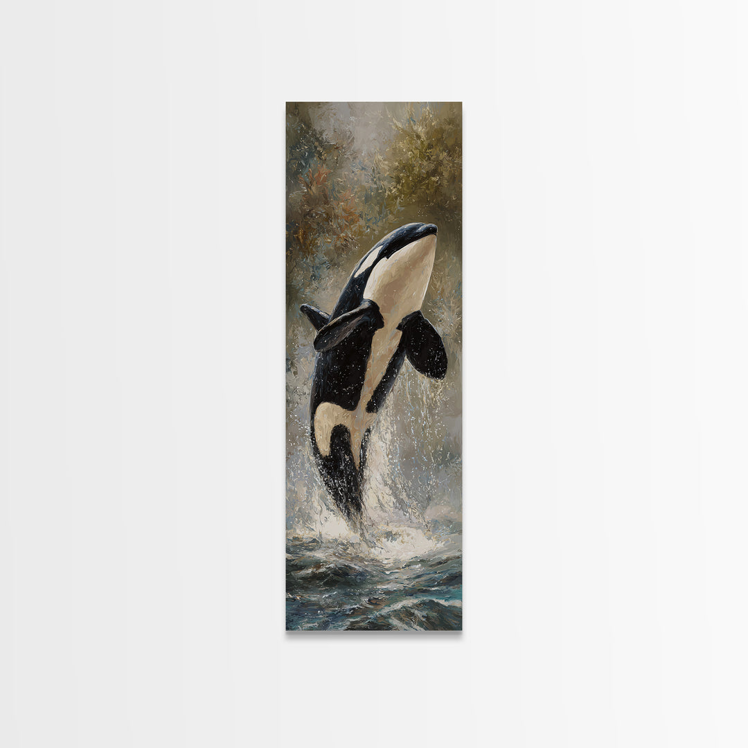 Orca Breaching in Cold Ocean Canvas Print, Wildlife Art, Wall Art Print, Living Room Decor, Oil Painting, Wild, Canvas Painting, WIL-1x3-59