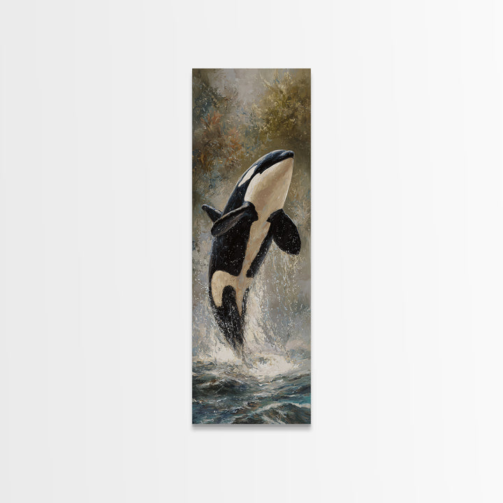 Orca Breaching in Cold Ocean Canvas Print, Wildlife Art, Wall Art Print, Living Room Decor, Oil Painting, Wild, Canvas Painting, WIL-1x3-59