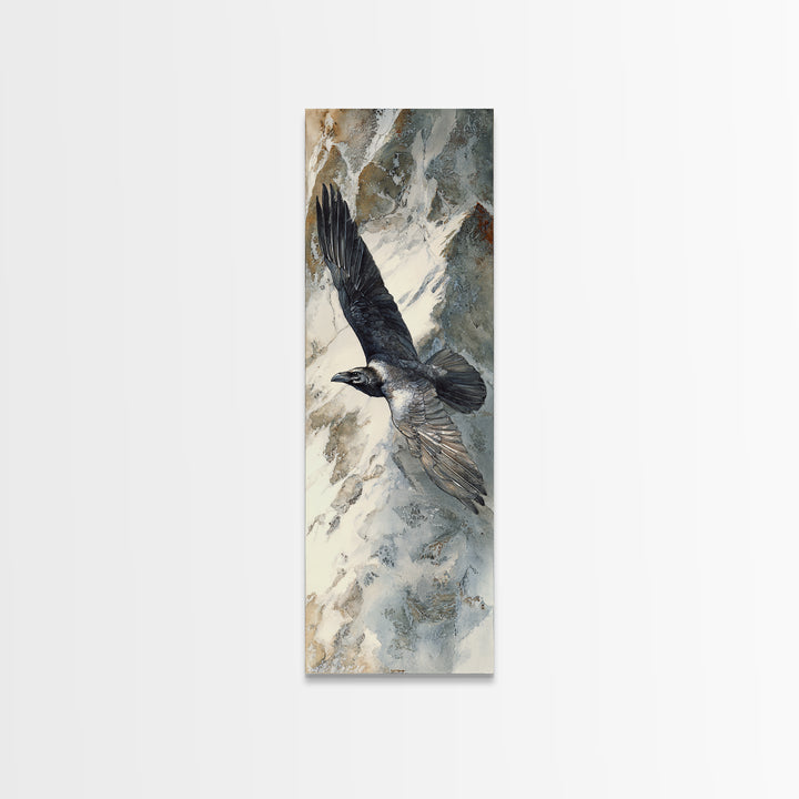 Raven Flying Through Snowy Mountains Canvas Print, Wildlife Art, Wall Decor, Living Room Decor, Wild, Living Room Wall Art, WIL-1x3-60