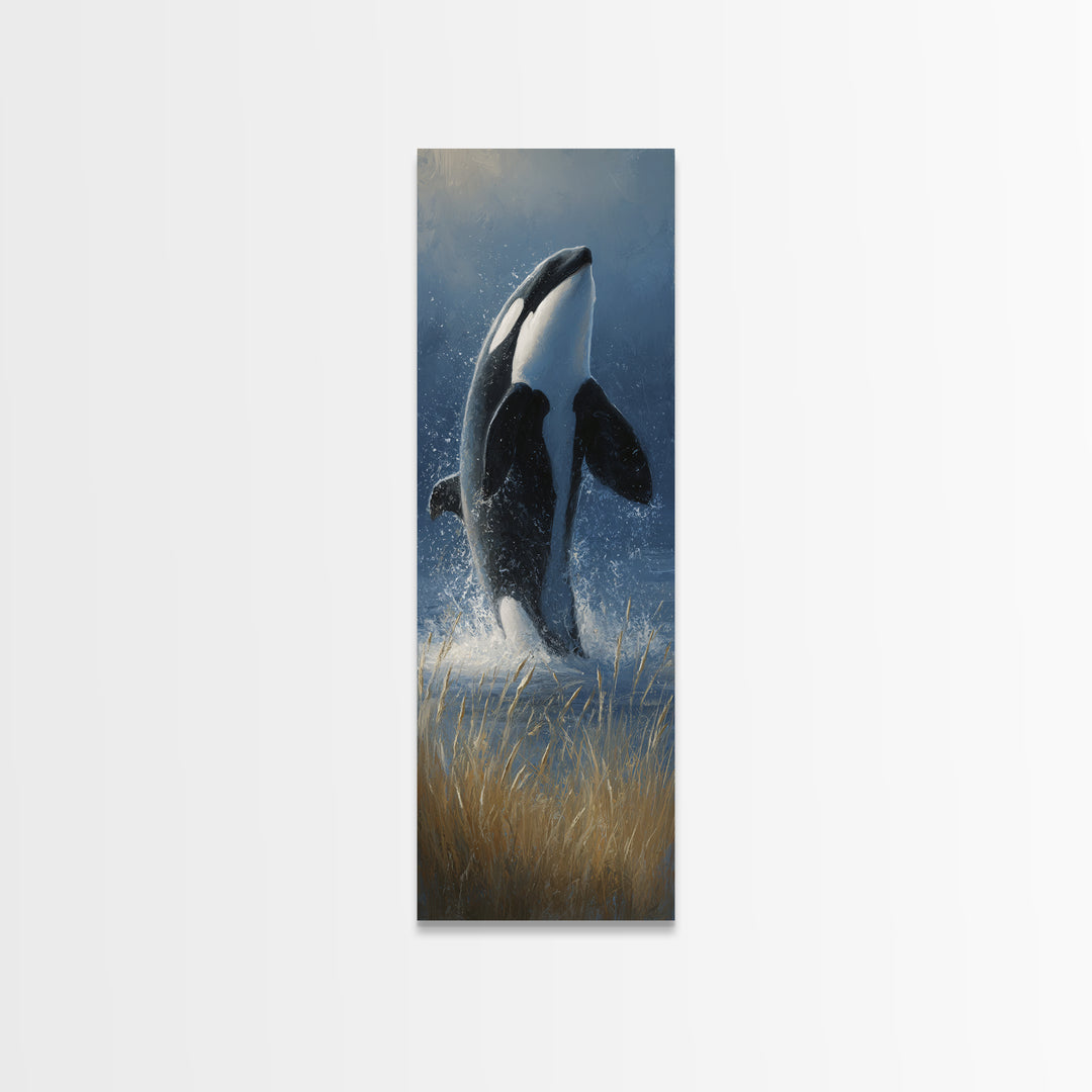 Orca Breaching in Cold Ocean Framed Canvas Print, Wildlife Art, Bird Art, Living Room Decor, Fine Art, Wild, Original Artwork, WIL-1x3-83