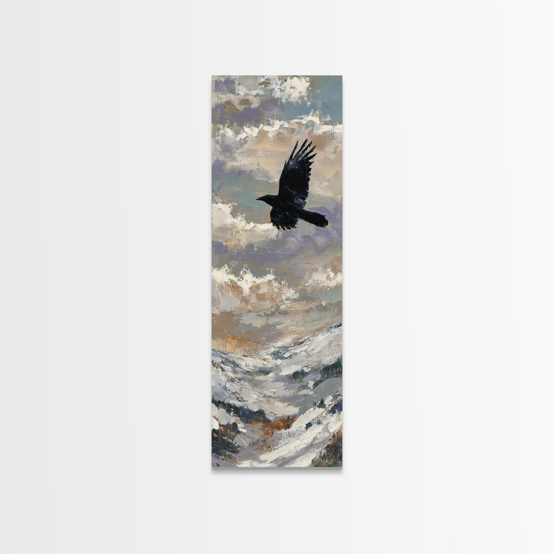 Raven Flying Through Snowy Mountains Framed Canvas Print, Wildlife Art, Original Art, Living Room Decor, Oil Painting, Wild, WIL-1x3-84