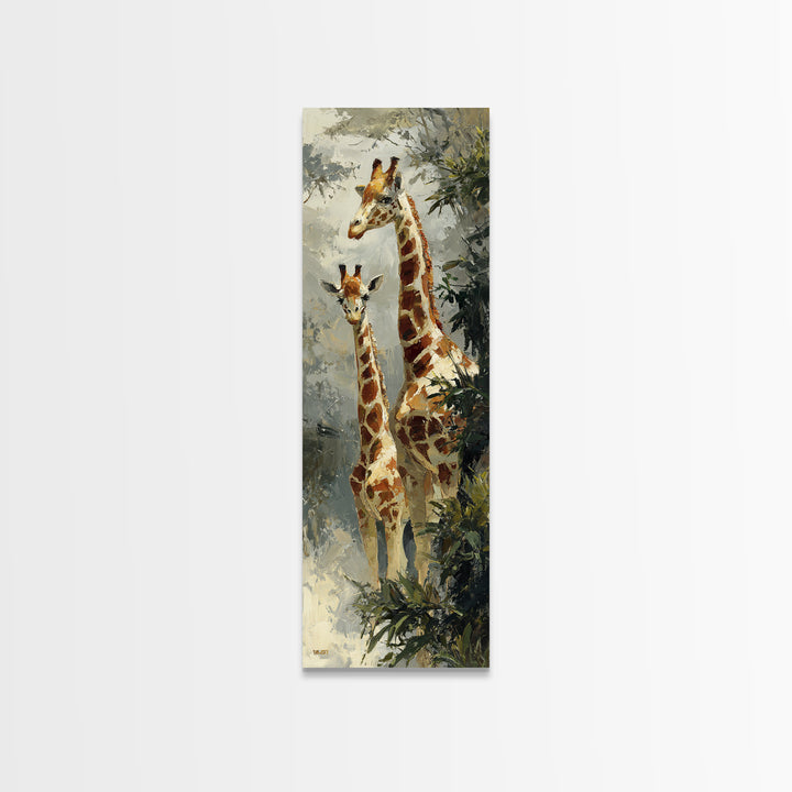 Giraffe Pair under Acacia Tree Framed Canvas Print, Wildlife Art, Bird Wall Art, Living Room Decor, Oil Painting, Wild, WIL-1x3-91