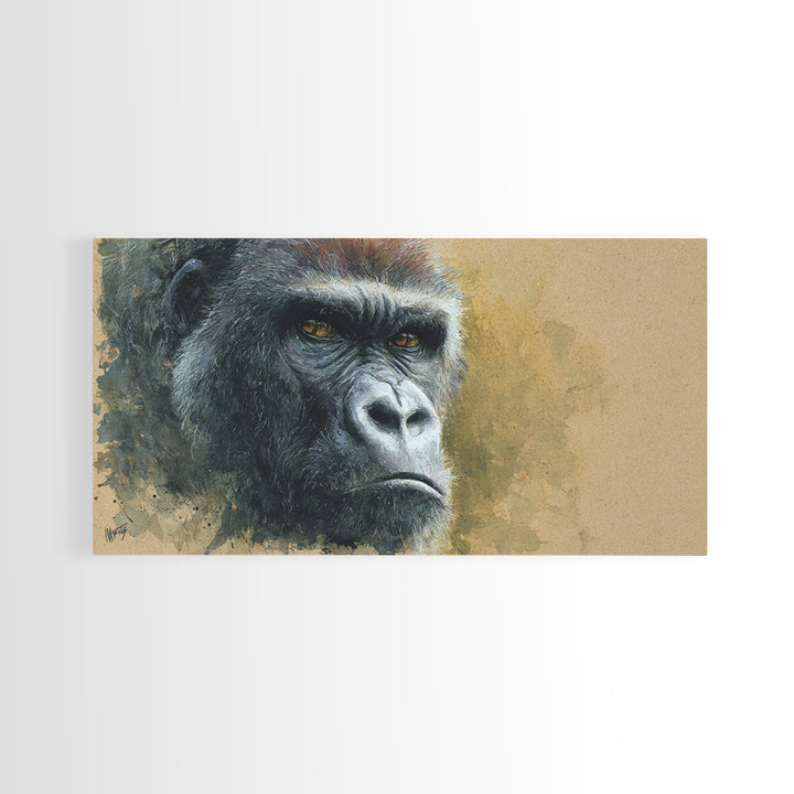 Gorilla Portrait with Powerful Gaze Framed Canvas Print, Wildlife Art, Minimalist Decor, Living Room Decor, Oil Painting, Wild, WIL-2x1-13