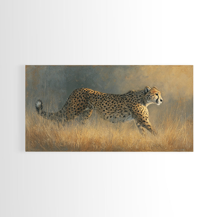 Cheetah Running Through Warm Dust Canvas Print, Wildlife Art, Contemporary Art, Living Room Decor, Wild, Wall Art Print, WIL-2x1-17