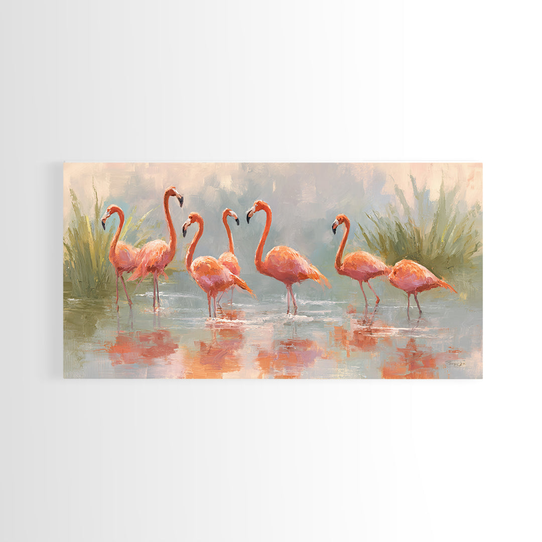 Flamingos in Pink Shallow Water Framed Canvas Print, Wildlife Art, Statement Artwork, Living Room Decor, Fine Art, Wild, WIL-2x1-18