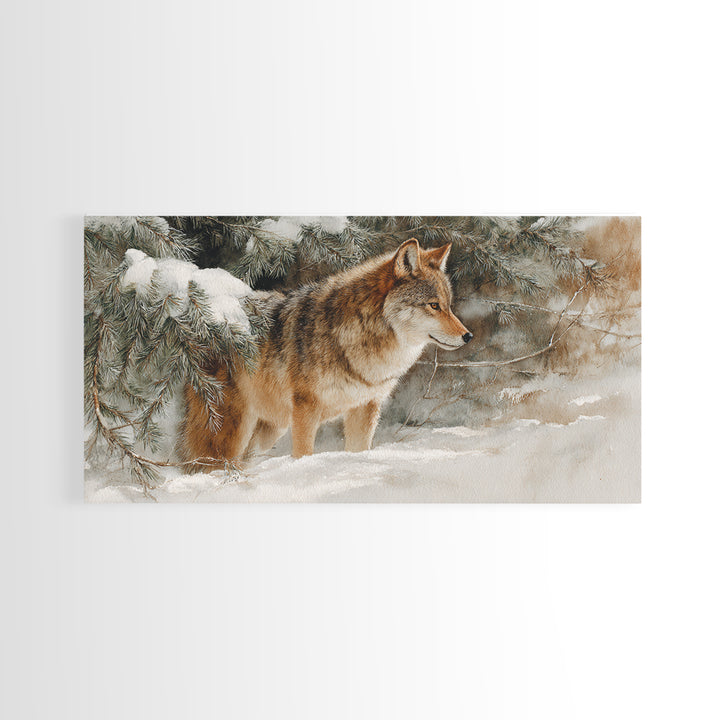 Wolf Standing Beneath Snowy Pine Trees Framed Canvas Print, Wildlife Art, Oil Painting, Living Room Decor, Watercolor Art, Wild, WIL-2x1-23
