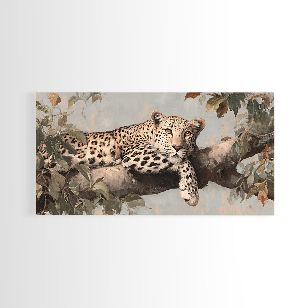Leopard Resting on Tree Branch Framed Canvas Print, Wildlife Art, Art Print, Living Room Decor, Watercolor Art, Wild, WIL-2x1-34